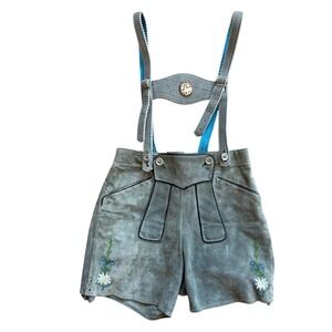 Vintage Austrian Lederhosen Suede‎ Leather Shorts Grey Floral Embroidery Size 40
